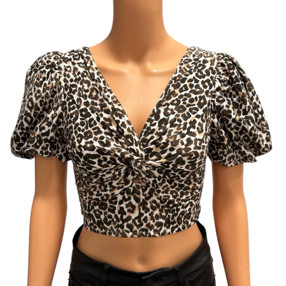 JAPNA Leopard Animal Print Linen Blend Stretchy Puff Short Sleeve Crop NWT Small